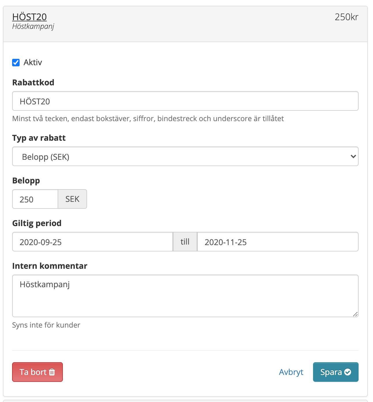 Redigera rabattkod med fast belopp för höstkampanj